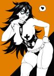  areola_slip areolae belt black_hair blue_eyes boku_no_hero_academia breasts broken_handcuffs cuffs dandon_fuga domino_mask garter_straps gold_trim handcuffs looking_at_viewer mask medium_breasts midnight_(boku_no_hero_academia) monochrome orange_background pasties solo strap_gap thighhighs x_pasties 