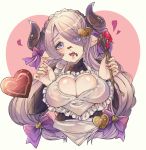  :d apron ayame_(ayame015) blush bow braid breasts chocolate chocolate_heart crown_braid draph eyebrows_visible_through_hair eyes_visible_through_hair food food_on_face frilled_apron frills furrowed_eyebrows granblue_fantasy hair_bow hair_ornament hair_over_one_eye head_tilt heart heart_hair_ornament highres holding horns large_breasts lavender_hair long_hair long_sleeves looking_at_viewer narmaya_(granblue_fantasy) open_mouth pointy_ears purple_bow purple_eyes smile solo upper_body valentine very_long_hair whisk white_apron 
