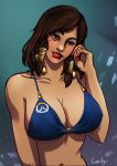  1girl areolae bikini breasts brown_eyes brown_hair cleavage dark_skin egyptian hair_ornament hand_in_hair high_resolution highres inverted_nipples large_breasts lipstick long_hair looking_at_viewer luminyu makeup navel overwatch pharah_(overwatch) pinup pose red_lipstick smile solo solo_focus swimsuit tagme tattoo 