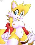  2_tails areola blue_eyes breasts canine clothed clothing clothing_lift crossgender dipstick_tail eyelashes female fox fur legwear mammal miles_prower multi_tail multicolored_tail navel nipples pussy ricocake shirt shirt_lift smile solo sonic_(series) thigh_highs yellow_fur 