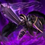  awakening_(sennen_sensou_aigis) black_cape cape dark_knight dark_knight_(sennen_sensou_aigis) fighting_stance gauntlets glowing glowing_eyes helmet holding holding_shield holding_sword holding_weapon horned_helmet purple_background sennen_sensou_aigis shield shinryoku_tobari solo standing sword weapon 