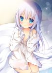  bangs bare_shoulders bed blue_eyes blue_hair blush closed_mouth collarbone commentary_request dress_shirt eyebrows_visible_through_hair gochuumon_wa_usagi_desu_ka? hair_between_eyes hair_ornament indoors kafuu_chino long_hair long_sleeves naked_shirt off_shoulder on_bed oversized_clothes oversized_shirt shibainu_niki shirt sidelocks sitting sitting_on_bed sleeves_past_wrists solo thighhighs very_long_hair white_legwear white_shirt x_hair_ornament 