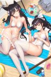  animal_ears arm_support atago_(azur_lane) azur_lane bag ball bangs beach beach_towel beachball black_hair bow breasts can casual_one-piece_swimsuit cleavage commentary_request criss-cross_halter day drink from_above hair_bow hair_flaps halterneck highres looking_at_viewer lying machinery medium_breasts mole mole_under_eye multiple_girls navel_cutout on_back one-piece_swimsuit orange_eyes ponytail qbase revision ribbon smile swimsuit takao_(azur_lane) thighhighs towel tray umbrella white_bow white_legwear white_ribbon white_swimsuit 