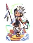  armband black_hat blush bracer closed_mouth commentary contrapposto detached_leggings faux_figurine feathers hat highres holding holding_weapon lance native_american original polearm simple_background smile solo standing tostantan weapon white_background yellow_eyes 