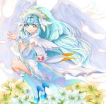  absurdres blue_eyes blue_footwear blue_hair boots closed_mouth cure_ange dress feathered_wings feathers flower full_body hair_ornament head_wings highres hugtto!_precure knee_boots lily_(flower) long_hair looking_at_viewer magical_girl own_hands_together precure smile solo white_dress white_wings wings wrist_cuffs yakushiji_saaya yuutarou_(fukiiincho) 