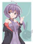 :o ahoge ao_(aoblueao) bangs bare_shoulders between_fingers black_jacket blush cigarette dress eyebrows_visible_through_hair hair_tie halter_dress hand_up holding holding_cigarette jacket long_sleeves looking_at_viewer off_shoulder open_clothes open_jacket open_mouth purple_dress purple_eyes purple_hair ringed_eyes shiny shiny_hair short_hair_with_long_locks sidelocks smoke solo two-tone_background upper_body vocaloid voiceroid yuzuki_yukari 