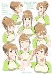  &gt;:&lt; ^_^ bangs blunt_bangs brown_hair character_sheet clenched_hand closed_eyes collarbone commentary_request constricted_pupils green_shirt grey_eyes grin hair_bun half_updo hand_on_own_face highres hiyori_mizuki looking_at_viewer miyake_hinata open_mouth profile scratching_head shirt sidelocks smile sora_yori_mo_tooi_basho sweatdrop tears translated upper_body v white_background 