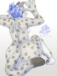  1girl ass blue_eyes blue_hair furry sasamino short_hair snow_leopard 