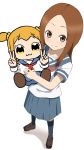  :3 blonde_hair brown_eyes brown_hair carrying commentary_request crossover double_v dutch_angle forehead from_above highres karakai_jouzu_no_takagi-san kumamoto_nomii-kun long_hair looking_at_viewer multiple_girls poptepipic popuko school_uniform scrunchie season_connection serafuku short_twintails smile takagi-san twintails v white_background yellow_eyes yellow_scrunchie 