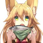  animal_ears bangs blonde_hair commentary_request eyebrows_visible_through_hair fish fox_ears green_eyes green_scarf haik hair_between_eyes hands_up holding kokonoe_tsubaki long_hair looking_at_viewer open_mouth original scarf simple_background solo upper_body white_background 