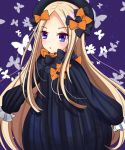  :&lt; abigail_williams_(fate/grand_order) bangs black_bow black_dress black_hat blonde_hair blue_eyes blush bow bug butterfly commentary_request dress eyebrows_visible_through_hair fate/grand_order fate_(series) forehead hair_bow hat highres insect long_hair long_sleeves orange_bow parted_bangs parted_lips polka_dot polka_dot_bow purple_background sleeves_past_fingers sleeves_past_wrists solo triangle_mouth very_long_hair yuuki_(snow-rain00) 