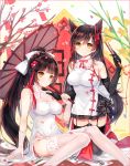  alternate_costume animal_ears atago_(azur_lane) azur_lane bangs black_gloves black_legwear blunt_bangs brown_hair china_dress chinese_clothes closed_fan closed_mouth cloud covered_navel dress elbow_gloves eyebrows_visible_through_hair fan feet_out_of_frame fingerless_gloves flower folding_fan garter_straps gloves hair_ribbon hand_on_another's_shoulder high_ponytail holding holding_fan holding_umbrella kneeling knees_together_feet_apart long_hair looking_at_viewer mole mole_under_eye multiple_girls panties panty_peek petals pf red_ribbon ribbon side_slit sitting sleeveless sleeveless_dress smile takao_(azur_lane) tareme thighhighs tree_branch umbrella underwear very_long_hair white_dress white_gloves white_panties yellow_eyes yellow_flower 