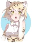  :o animal_ears bare_shoulders belt blonde_hair blue_background blush bow bowtie cat_ears commentary_request elbow_gloves extra_ears eyebrows_visible_through_hair gloves hand_on_own_cheek high-waist_skirt highres kemono_friends looking_at_viewer sand_cat_(kemono_friends) sangatsu_(sangatsu_05) shirt short_hair skirt sleeveless solo teeth two-tone_background upper_body white_background white_belt white_shirt yellow_eyes 
