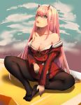  2018 black_legwear blue_sky blurry breasts butterfly_sitting candy cleavage cloud collarbone darling_in_the_franxx day depth_of_field dress eyebrows_visible_through_hair food green_eyes hairband hand_on_own_foot highres horns kosumi lollipop long_hair long_sleeves looking_at_viewer md5_mismatch medium_breasts no_shoes off_shoulder outdoors pantyhose pink_hair red_dress school_uniform signature sitting sky solo tongue tongue_out very_long_hair zero_two_(darling_in_the_franxx) 
