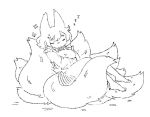  :3 animal_ears barefoot closed_eyes commentary facing_viewer fluffy fox_ears fox_tail full_body greyscale inari_(monster_girl_encyclopedia) latenight long_sleeves monochrome monster_girl_encyclopedia multiple_tails simple_background sitting sleeping solo tail tail_pillow white_background zzz 