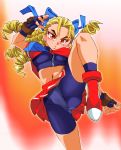  antenna_hair bike_shorts blonde_hair blue_sailor_collar breasts commentary_request drill_hair fingerless_gloves gloves hair_slicked_back kanzuki_karin long_hair medium_breasts onnaski panties_under_bike_shorts ringlets sailor_collar shorts shorts_under_skirt solo street_fighter street_fighter_zero_(series) thighs 