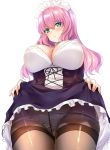  breasts corset crotch_seam green_eyes hinata_sora large_breasts long_hair maid_headdress original panties panties_under_pantyhose pantyhose pink_hair simple_background skirt skirt_lift solo thighband_pantyhose underwear white_background 