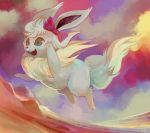  cloud commentary dutch_angle eevee full_body gen_1_pokemon glitchedpuppet green_eyes hair_ribbon jumping no_humans not_shiny_pokemon open_mouth pokemon pokemon_(creature) ribbon sky smile solo teeth 