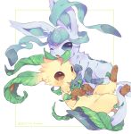  blue_eyes blush brown_eyes commentary_request fang gen_4_pokemon glaceon hideko_(l33l3b) highres hug leaf leafeon one_eye_closed open_mouth parted_lips pokemon pokemon_(creature) simple_background smile twitter_username white_background 