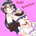  apron bangs blanc_(veige) blue_hair blush breasts chocolate chocolate_on_body commentary_request detached_sleeves double_bun earrings hair_between_eyes happy_valentine jewelry long_hair looking_at_viewer love_live! love_live!_school_idol_project maid maid_apron maid_headdress mogyutto_&quot;love&quot;_de_sekkin_chuu! navel no_panties no_pants simple_background small_breasts solo sonoda_umi valentine yellow_eyes 