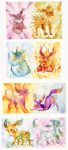  black_eyes border brown_eyes closed_mouth eevee espeon fiery_hair fiery_tail flareon full_body gen_1_pokemon gen_2_pokemon gen_4_pokemon glaceon glitchedpuppet highres jolteon leafeon looking_at_viewer multicolored no_humans open_mouth pokemon pokemon_(creature) sitting smile standing tail traditional_media umbreon vaporeon watercolor_(medium) white_border 