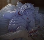  2018 5_fingers abs anthro bed bedding bedroom biceps blanket eyewear feline front_view fur fur_tuft green_eyes humanoid_hands lion long_tail looking_at_viewer lying male mammal monocle muscular muscular_male navel nipples nude oak oaks16 on_back on_bed orchish_(pixiv) pecs penis pillow pink_nipples pink_nose pink_penis sharp_teeth solo tail_tuft teeth tuft white_fur white_tail 