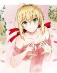  ahoge bathing blonde_hair blush breasts cleavage collarbone fate/extra fate_(series) green_eyes heart heart_hands highres looking_at_viewer medium_breasts nero_claudius_(fate) nero_claudius_(fate)_(all) see-through smile solo vane wet 