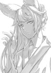  braided_bun erune granblue_fantasy greyscale hand_in_hair highres long_hair looking_at_viewer male_focus monochrome quatre_(granblue_fantasy) robe simple_background solo toriudonda 