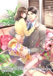  1boy 1girl :o absurdres arm_around_waist blinds blue_neckwear blush book brown_eyes brown_hair buttons copyright_request couch floral_print formal hands_on_shoulders hetero highres indoors necktie official_art on_lap pillow ran_(artist) sitting skirt suit watermark window yellow_skirt 
