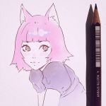  :3 animal_ears blush_stickers cat_ears close-up closed_mouth face ilya_kuvshinov looking_at_viewer original pencil photo puffy_short_sleeves puffy_sleeves purple_eyes purple_hair short_hair short_sleeves simple_background solo traditional_media 