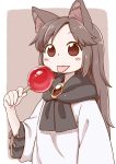  :p animal_ears blush brown_background brown_hair candy_apple commentary_request eyebrows_visible_through_hair food gem holding imaizumi_kagerou long_sleeves looking_at_viewer poronegi red_eyes robe simple_background smile solo tongue tongue_out touhou wide_sleeves wolf_ears younger 