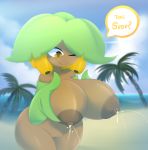  2016 amber_eyes areola armwear banana beach big_breasts breasts brown_body clothed clothing elfdrago female flora_fauna food fruit green_hair hair hi_res huge_breasts humanoid lactating leaf_hair looking_down non-mammal_breasts not_furry one_eye_closed outside palm_tree plant portuguese_text pussy sand seaside short_stack sky speech_bubble standing tami_(elfdrago) tears text thick_thighs thigh_gap translated tree water 