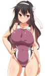  ass_visible_through_thighs bangs bare_shoulders black_hair blush breasts character_name closed_mouth clothes_writing collarbone competition_swimsuit cowboy_shot eyebrows_visible_through_hair green_eyes groin hairband hand_on_hip highres kantai_collection large_breasts long_hair looking_at_viewer multicolored_hair naganami_(kantai_collection) one-piece_swimsuit pink_hair purple_swimsuit remodel_(kantai_collection) simple_background smile solo standing swimsuit two-tone_hair very_long_hair white_background yoshi_tama 