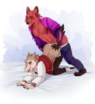  all_fours anal anthro canine clothed clothed_sex clothing cum daflummify doggystyle fox from_behind_(disambiguation) from_behind_position hoodie male male/male mammal no_tail pyrocynical sergal sex simple_background sneezy_mcyeezy varsity_jacket 