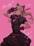  ;d alternate_costume animal_ears argyle argyle_legwear black_cat_d.va black_dress black_gloves blonde_hair breasts cat_ears cleavage commentary corset d.va_(overwatch) dress gloves grin hair_ribbon hand_on_hip lolita_fashion looking_at_viewer low_twintails medium_breasts mike_nesbitt one_eye_closed open_mouth overwatch pantyhose pink_background puffy_short_sleeves puffy_sleeves ribbon short_sleeves signature smile solo twintails v_over_eye whisker_markings 