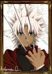 absurdres amakusa_shirou_(fate) brown_eyes copyright_name dark_skin dark_skinned_male earrings fate/apocrypha fate_(series) highres holding holding_knife jewelry knife looking_at_viewer male_focus silver_hair smile solo upper_body 