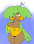  ... 2017 amber_eyes armwear banana big_breasts blue_background breasts brown_body clothed clothing elfdrago female flora_fauna food frown fruit green_hair hair hair_over_eye hi_res humanoid leaf_hair looking_down non-mammal_breasts not_furry one-piece_swimsuit plant short_stack simple_background speech_bubble standing swimsuit tami_(elfdrago) thick_thighs white_background zipper 