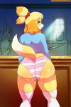 2018 animal_crossing animated anthro big_butt biped black_nose blonde_hair blush butt canine clothed clothing digital_media_(artwork) dipstick_tail disembodied_hand dog female fur hair hand_on_butt inside isabelle_(animal_crossing) jiggle legwear long_ears looking_at_viewer looking_back mammal multicolored_tail nintendo orange-peel panties presenting rear_view shih_tzu short_hair solo stockings thick_thighs underwear video_games white_fur wide_hips yellow_fur 