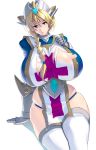 armor blonde_hair blue_eyes braid breasts commentary_request covered_nipples curvy headgear highres huge_breasts knight long_hair long_sleeves masao original plump skindentation solo thighhighs torn_clothes 