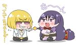  1girl :d absurdly_long_hair absurdres bangs black_legwear blonde_hair blush bracelet chibi collared_shirt commentary_request cookie eyebrows_visible_through_hair fate/grand_order fate_(series) flying_sweatdrops food highres holding indian_style jewelry jitome long_hair long_sleeves minamoto_no_raikou_(fate/grand_order) neck_ribbon necklace open_mouth pantyhose plate puffy_sleeves purple_eyes purple_hair red_ribbon rei_(rei_rr) ribbon sakata_kintoki_(fate/grand_order) sash seiza shirt simple_background sitting smile sunglasses thighhighs translation_request very_long_hair white_background white_shirt wing_collar 