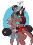  2018 alpha_channel anthro biceps black_hair brown_eyes brown_hair bulge butt canine castbound clothed clothing dialogue dog english_text exercise fur hair horn hug jockstrap male male/male mammal multicolored_fur nipples pecs shirt simple_background speech_bubble standing tank_top text torn_clothing transparent_background two_tone_fur underwear unknown_species weightlifting workout 