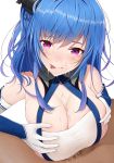 1girl azur_lane bangs bare_shoulders blue_gloves blue_hair breasts cleavage closed_mouth cum cum_on_body cum_on_breasts cum_on_upper_body elbow_gloves eyebrows_visible_through_hair facial fou_zi gloves hair_ornament halterneck hetero highres large_breasts licking_lips long_hair looking_at_viewer male_pubic_hair md5_mismatch multicolored multicolored_clothes multicolored_gloves paizuri paizuri_under_clothes pubic_hair purple_eyes side_ponytail simple_background solo_focus st._louis_(azur_lane) tongue tongue_out upper_body white_background white_gloves 