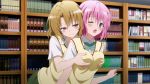  2girls animated animated_gif blush breasts grabbing momioka_risa momo_velia_deviluke multiple_girls pink_hair school_uniform skirt to_love-ru to_love-ru_darkness uniform yuri 