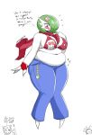  2018 barefoot belly big_breasts biped blue_clothing blush bra breasts cheek_tuft chest_spike clothed clothing dated deep_navel disembodied_head embarrassed eyelashes female froslass fullmetalmentalist gallade gardevoir green_hair hair hair_over_eye hi_res humanoid jeans looking_down midriff navel nintendo not_furry open_mouth overweight pants pok&eacute;mon pok&eacute;mon_(species) red_clothing red_eyes scarf signature simple_background solo standing sweat text thick_thighs thumbs_up tight_clothing tuft underwear video_games voluptuous white_background white_skin 