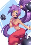  ass bandeau bracer breasts cleavage dark_skin earrings finger_to_face hand_on_own_face harem_pants hoop_earrings its_just_suppi jewelry long_hair medium_breasts open_mouth pants pointy_ears ponytail purple_hair shantae_(character) shantae_(series) smile solo spike_ball tiara vambraces very_long_hair 