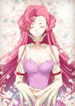  breasts cleavage closed_eyes closed_mouth code_geass creayus double_bun dress euphemia_li_britannia facing_viewer flower large_breasts lips long_hair long_sleeves pink_flower pink_hair pink_lips pink_rose purple_dress rose smile solo standing white_flower 