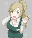  :d ? apron bangs blush bowieknife breasts cashier cleavage collarbone collared_shirt commentary_request dress_shirt employee_uniform eyebrows fang green_apron green_eyes grey_background half-closed_eyes hand_on_hip index_finger_raised inuyama_aoi large_breasts leaning_forward long_sleeves looking_at_viewer name_tag open_mouth shirt simple_background smile solo store_clerk swept_bangs thick_eyebrows translation_request unbuttoned unbuttoned_shirt uniform yurucamp 