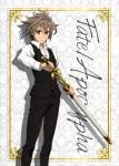  absurdres black_pants brown_eyes brown_hair copyright_name dress_shirt fate/apocrypha fate_(series) hair_between_eyes highres holding holding_sheath holding_sword holding_weapon looking_at_viewer male_focus official_art pants sheath shirt sieg_(fate/apocrypha) solo standing sword unsheathing weapon white_shirt 