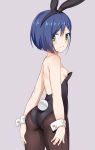  alternate_costume animal_ears ass black_hairband black_leotard blue_hair blush breasts bunny_ears bunny_tail bunnysuit cowboy_shot darling_in_the_franxx eyebrows_visible_through_hair fake_animal_ears fake_tail from_behind green_eyes grey_background hairband hands_on_own_thighs ichigo_(darling_in_the_franxx) leotard looking_at_viewer looking_back nipple_slip nipples pantyhose shiny shiny_hair short_hair simple_background small_breasts solo standing strapless strapless_leotard tail toshishikisai wrist_cuffs 