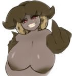  2017 alternate_color areola armwear banana big_breasts breasts brown_hair clothed clothing female flora_fauna food fruit grey_body grin hair halloween holidays huge_breasts humanoid leaf_hair looking_at_viewer middle_finger mostly_nude nipples non-mammal_breasts not_furry plant plantpenetrator red_eyes sharp_teeth short_stack simple_background smile tami_(elfdrago) teeth white_background 